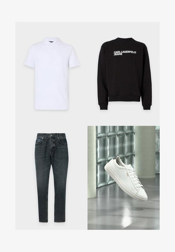 Sort sweatshirt med rund hals og ribbede manchetter. Har hvid tekst "KARL LAGERFELD JEANS" på forsiden. Blødt materiale.; Hvid polo shirt lavet af blød bomuld, med en klassisk krave, tre-knaps placket og et lille, præget logo på brystet.; Mørkegrå denim jeans med lige ben design, fem lommer, knaplukning og diskret falming. Lavet af bomuld med en glat tekstur.; Hvid læder lav-top sneaker med snørebånd, sort hælflig og "BOSS"-logo, svævende indendørs nær glasblok væg og poleret gulv.