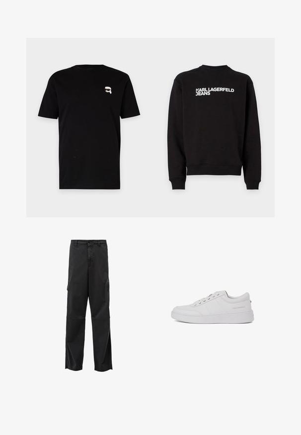 Schwarzer Sweatshirt mit rundem Halsausschnitt und gerippten Bündchen. Trägt den weißen Text "KARL LAGERFELD JEANS" auf der Vorderseite. Weiches Material.; Schwarzes Baumwoll-T-Shirt mit kurzen Ärmeln, das auf der linken Brust ein kleines weißes Grafik eines Charakters mit Brille zeigt. Klassisches Rundhals-Design.; Schwarze Cargo-Hosen mit geradem Schnitt, Knopfverschluss und Seitentaschen. Glatter Stoff mit mattem Finish und ohne sichtbare Muster.; Weiße Leder-Sneaker mit klassischem Low-Top-Design, flacher Sohle und dezentem Markenlogo an der Ferse. Verfügt über fünf Metallösen für die Schnürsenkel.