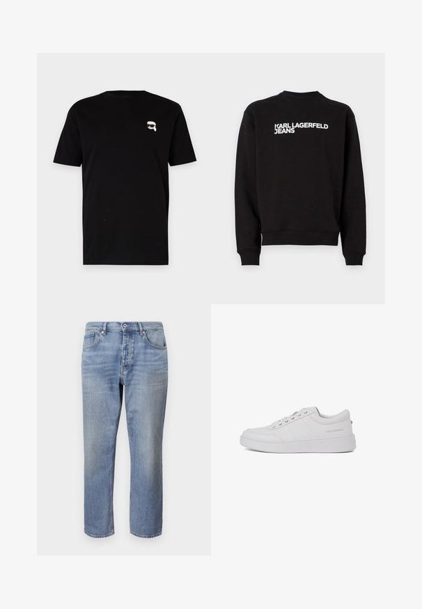 Čierna mikina s okrúhlym výstrihom a rebrovanými manžetami. Na prednej strane obsahuje biely nápis "KARL LAGERFELD JEANS". Mäkkó materiál.; Čierne bavlnené tričko s krátkymi rukávmi, na ľavej strane hrude s malou bielou grafikou postavy s okuliarmi. Klasický dizajn s okrúhlym výstrihom.; Svetlomodré džínsy s rovnými nohavicami, dizajnom s piatimi vreckami, viditeľným šitím a zapínaním na gombík v páse.; Biele kožené tenisky s klasickým nízkym strihom, plochou podrážkou a diskrétnym logom značky na päte. Obsahujú päť kovových očiek na šnúrky.
