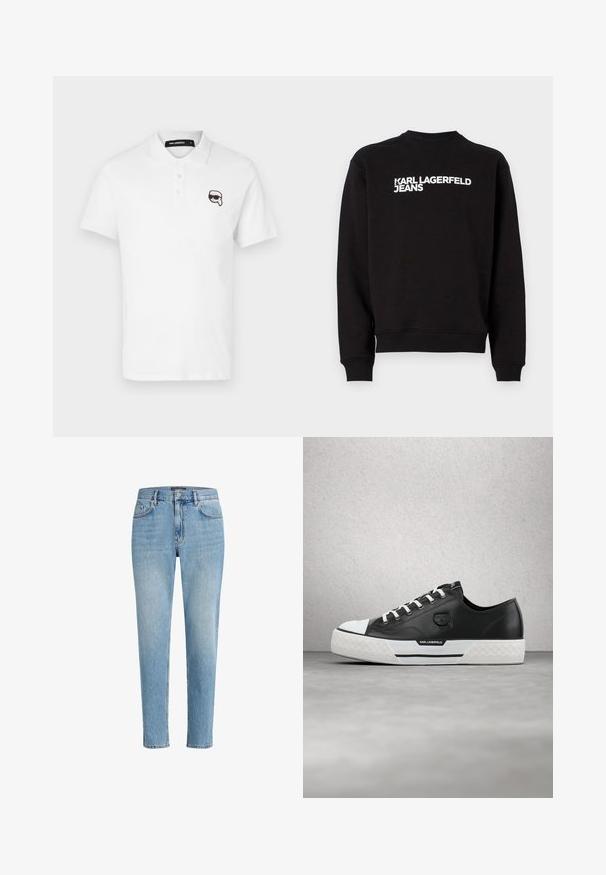 Zwarte sweater met een ronde hals en ribgebreide boorden. Met witte tekst "KARL LAGERFELD JEANS" aan de voorkant. Zacht materiaal.; Witte polo met korte mouwen, drie knopen bij de hals, en een zwart geborduurd cartoonlogo op de linkerborst.; Lichtblauwe denim jeans met een relaxed fit, vijf zakken ontwerp en subtiele wassing. Bevat een merklabel nabij de taille.; Zwarte leren sneaker met witte accenten, gestructureerde rubberen zool en logo. Heeft traditionele vetersluiting en een afgeronde neus met een onderscheidend ontwerp.
