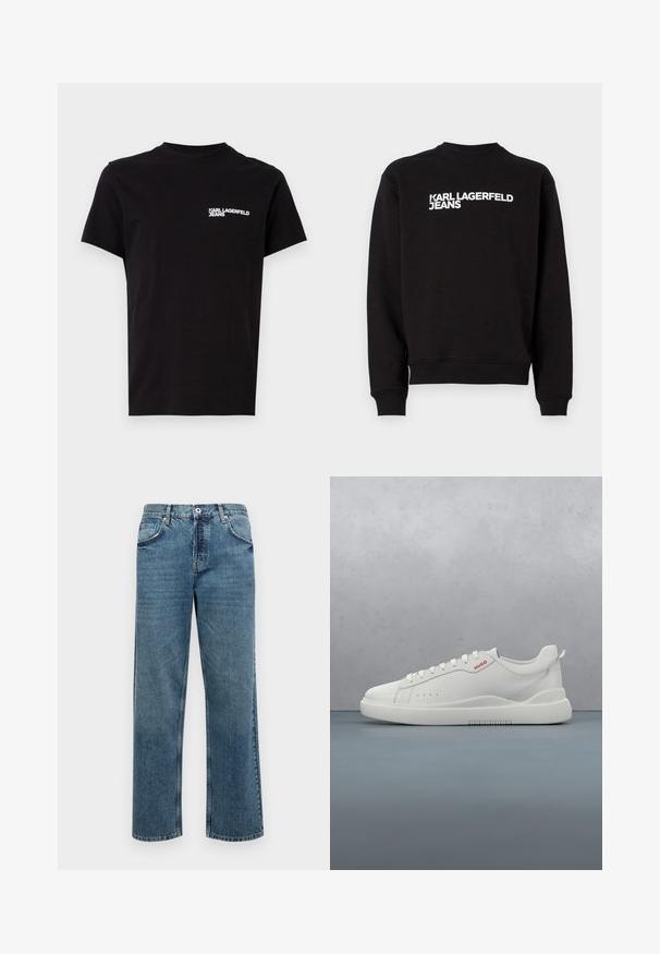 Must musträpiga sweatshirt ümmarguse kaelusega ja ribadega käistes. Esiosas on valge kiri "KARL LAGERFELD JEANS". Pehme materjal.; Must musta, mis on valmistatud puuvillast, laia kaelusega ja lühikeste varrukatega. Vasakul rinnal on silmatorkav valge logo tekst. Lihtne disain.; Sinine denimist teksapüks, sirge lõikega, viis taskut, nööp- ja tõmblukkude sulgemine ning nähtavad õmblused.; Valged spordijalatsid siledast nahast, ümar varvas, neli silmaauku, kerged perforatsioonid ja punane logo külje peal.