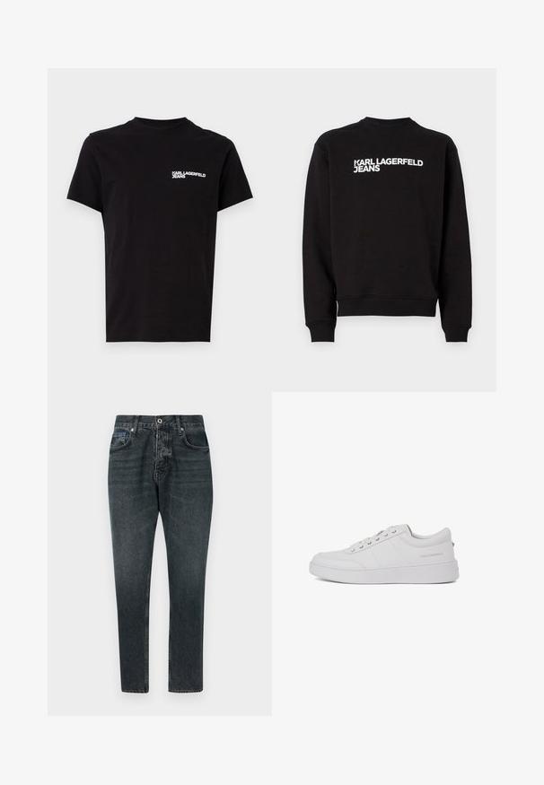 Must musträpiga sweatshirt ümmarguse kaelusega ja ribadega käistes. Esiosas on valge kiri "KARL LAGERFELD JEANS". Pehme materjal.; Must musta, mis on valmistatud puuvillast, laia kaelusega ja lühikeste varrukatega. Vasakul rinnal on silmatorkav valge logo tekst. Lihtne disain.; Tumedad halli denim püksid otse lõikega, viie tasku, nööpkinnis ja kerge kulumine. Valmistatud puuvillast, millel on sile tekstuur.; Valge nahast tennisetossud klassikalise madala disainiga, tasase tallaga ja peene kaubamärgiga logoga kanna peal. Omab viit metallist silma lukkude jaoks.