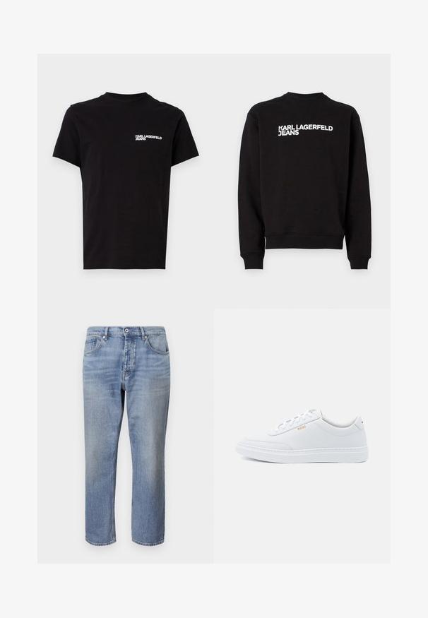 Zwarte sweater met een ronde hals en ribgebreide boorden. Met witte tekst "KARL LAGERFELD JEANS" aan de voorkant. Zacht materiaal.; Zwarte T-shirt van katoen, met een ronde hals en korte mouwen. Opvallende witte logo-tekst op de linkerkant van de borst. Eenvoudig ontwerp.; Lichtblauwe denimjeans met een rechte pijp, vijfzakkenontwerp, zichtbare stiksels en een knoopsluiting aan de taille.; Witte leren sneakers met een gladde textuur, ronde neus en tonale stiksels. Voorzien van blauwe veters en een gouden logo op de zijkant.