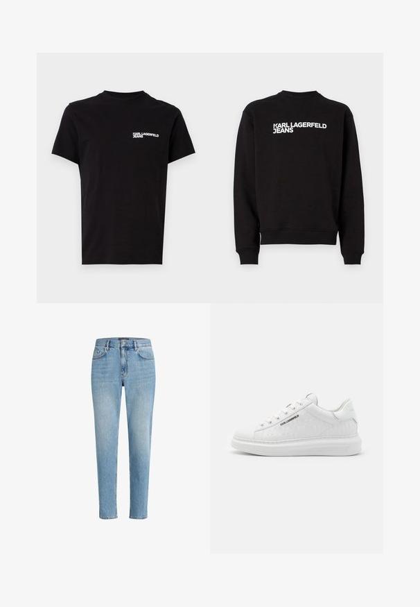 Sudadera negra con cuello redondo y puños acanalados. Presenta el texto blanco "KARL LAGERFELD JEANS" en la parte delantera. Material suave.; Camiseta negra de algodón, con cuello redondo y mangas cortas. Texto del logo en blanco destacado en el área del lado izquierdo del pecho. Diseño simple.; Jeans de mezclilla azul claro con un ajuste relajado, diseño de cinco bolsillos y un ligero desgaste. Presenta una etiqueta de marca cerca de la cintura.; Zapatilla blanca hecha de cuero suave con un patrón en relieve. Presenta punta redonda, cordones en la parte frontal y suela texturizada. Detalle del logo en plata en el lateral.