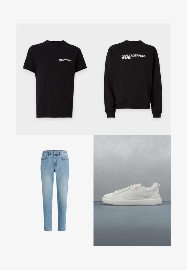 Sort sweatshirt med rund hals og ribbede manchetter. Har hvid tekst "KARL LAGERFELD JEANS" på forsiden. Blødt materiale.; Sort T-shirt i bomuld med rund hals og korte ærmer. Bemærkelsesværdig hvid logo tekst på venstre brystområde. Simpelt design.; Lyseblå denimjeans med en afslappet pasform, fem-lomme-design og diskret slitage. Har et mærketikette nær livet.; Hvide sneakers med en glat læderfinish, rund tå, fire snørehuller, subtile perforeringer og en rød logo detalje på siden.