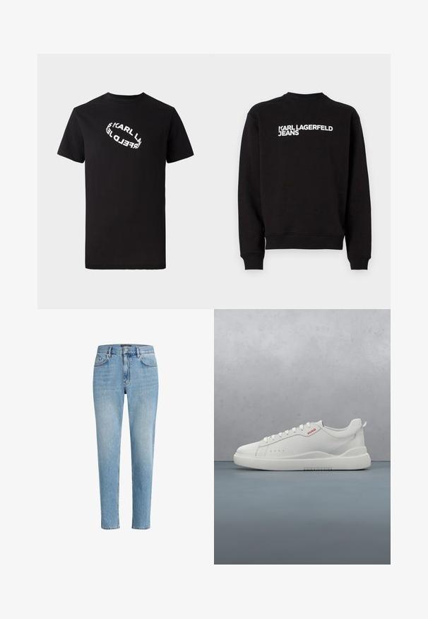 Sudadera negra con cuello redondo y puños acanalados. Presenta el texto blanco "KARL LAGERFELD JEANS" en la parte delantera. Material suave.; Camiseta de algodón negra con mangas cortas y cuello redondo. Presenta un texto de logo distorsionado en blanco impreso en el frente.; Jeans de mezclilla azul claro con un ajuste relajado, diseño de cinco bolsillos y un ligero desgaste. Presenta una etiqueta de marca cerca de la cintura.; Zapatilla blanca con un acabado de cuero liso, punta redonda, cuatro ojales, perforaciones sutiles y un detalle de logo rojo en el lateral.