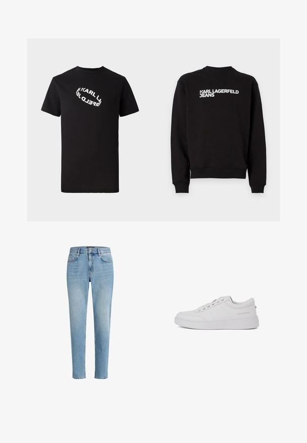 Sudadera negra con cuello redondo y puños acanalados. Presenta el texto blanco "KARL LAGERFELD JEANS" en la parte delantera. Material suave.; Camiseta de algodón negra con mangas cortas y cuello redondo. Presenta un texto de logo distorsionado en blanco impreso en el frente.; Jeans de mezclilla azul claro con un ajuste relajado, diseño de cinco bolsillos y un ligero desgaste. Presenta una etiqueta de marca cerca de la cintura.; Zapatillas de cuero blanco con un diseño clásico de corte bajo, suela plana y un sutil logo de la marca en el talón. Cuenta con cinco ojales metálicos para los cordones.