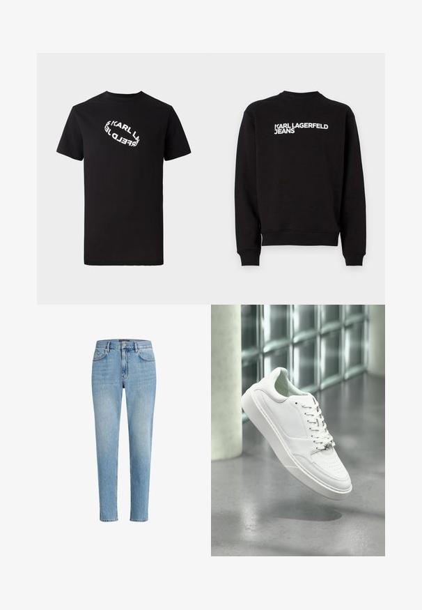 Sudadera negra con cuello redondo y puños acanalados. Presenta el texto blanco "KARL LAGERFELD JEANS" en la parte delantera. Material suave.; Camiseta de algodón negra con mangas cortas y cuello redondo. Presenta un texto de logo distorsionado en blanco impreso en el frente.; Jeans de mezclilla azul claro con un ajuste relajado, diseño de cinco bolsillos y un ligero desgaste. Presenta una etiqueta de marca cerca de la cintura.; Zapatilla deportiva de cuero blanco con punta redondeada, cierre frontal con cordones y suela plana de goma. Presenta detalles perforados y un sutil acento con el logo.