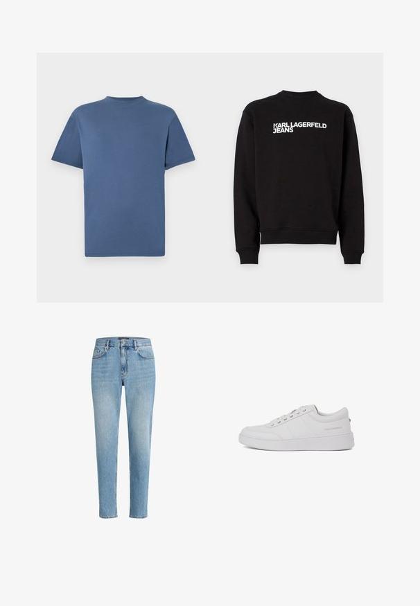 Čierna mikina s okrúhlym výstrihom a rebrovanými manžetami. Na prednej strane obsahuje biely nápis "KARL LAGERFELD JEANS". Mäkkó materiál.; Modré tričko s krátkym rukávom a okrúhlym výstrihom, jednoduchý, jednofarebný dizajn, zobrazené položené na bielom pozadí.; Svetlomodré džínsy s uvoľneným strihom, päť vrecúškovým dizajnom a jemným efektom opotrebovania. Obsahujú označkovanú nášivku pri páse.; Biele kožené tenisky s klasickým nízkym strihom, plochou podrážkou a diskrétnym logom značky na päte. Obsahujú päť kovových očiek na šnúrky.