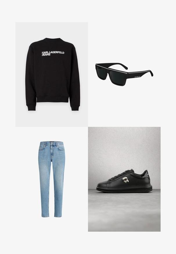 Schwarzer Sweatshirt mit rundem Halsausschnitt und gerippten Bündchen. Trägt den weißen Text "KARL LAGERFELD JEANS" auf der Vorderseite. Weiches Material.; Hellblaue Denim-Jeans mit einem lässigen Schnitt, Fünf-Taschen-Design und dezenten Abnutzungserscheinungen. Mit einem Markenpatch nahe der Taille.; Person trägt schwarze Lederhosen und schwarze Sneakers mit einem kleinen Comic-Charakter-Anhänger an der Seite, steht auf einem Holzboden.; Calvin Klein Jeans Sonnenbrille - black