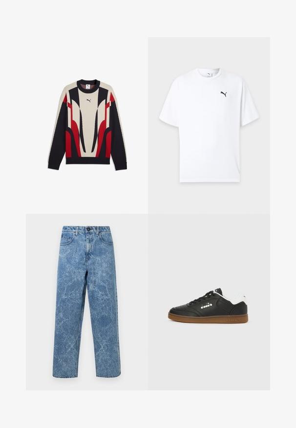 Sweat-shirt Puma à manches longues avec col rond, présentant des motifs géométriques abstraits beige, noir et rouge sur le devant et les manches.; T-shirt blanc à manches courtes col rond avec un petit logo Puma noir sur la poitrine gauche sur un fond clair.; Jeans en denim bleu délavé avec une coupe droite, fermeture à bouton à l'avant, passants de ceinture et style à cinq poches.; Baskets en cuir noir avec languette blanche au talon, semelle en gomme, lacets noirs et logo argenté Diadora sur le côté et la semelle.