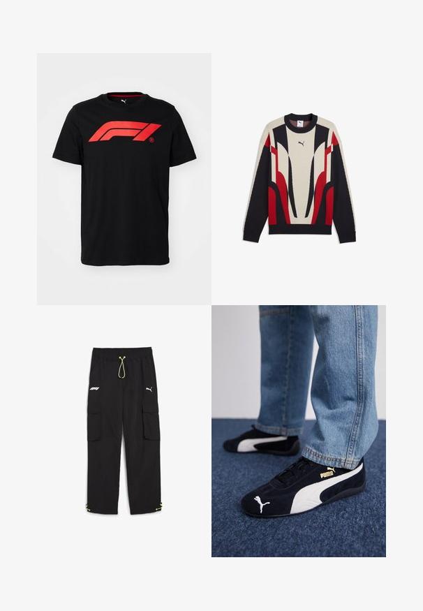 Langærmet Puma-sweater med rund hals, med beige, sort og røde abstrakte geometriske mønstre på fronten og ærmerne.; Sort bomulds T-shirt med et stort rødt Formula 1-logo på forsiden. Rund halsudskæring og korte ærmer, glat tekstur.; Puma STATEMENT PANTS - Cargobukser - black; Sorte ruskinds sneakers med hvide detaljer og et guldlogo. Båret med lyseblå denimjeans og sat på en struktureret blå overflade.