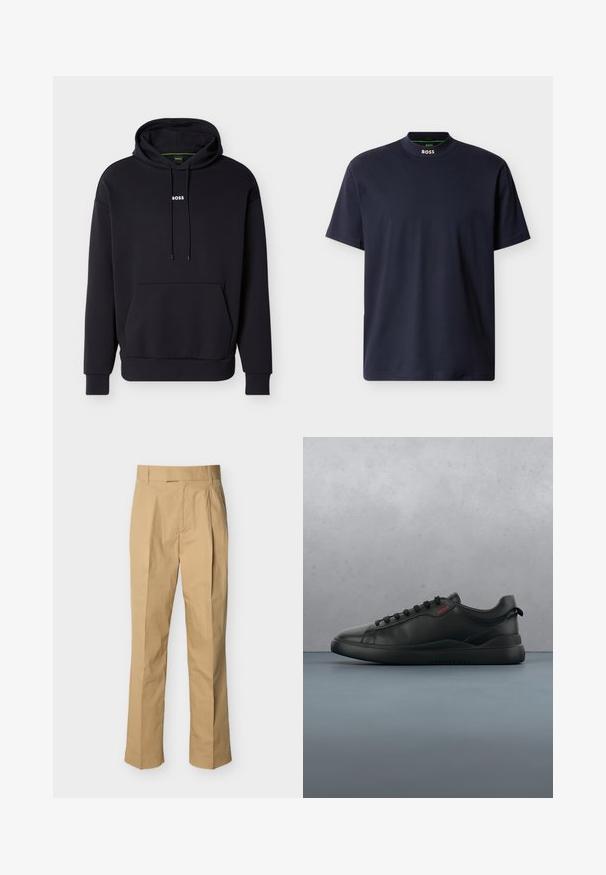 Sort hættetrøje med hætte, forlomme og hvid "BOSS"-logo på brystet. Fremstillet af blødt stof med ribbede manchetter.; Marineblå t-shirt lavet af bomuld, med høj hals og korte ærmer. BOSS-logo placeret ved halsen. Glat tekstur, minimalistisk design.; Beige bukser lavet af glat bomuld med høj talje, der har folder foran og lige ben. Ingen synlige metaldele eller mønstre.; HUGO BLAKE - Sneakers - black