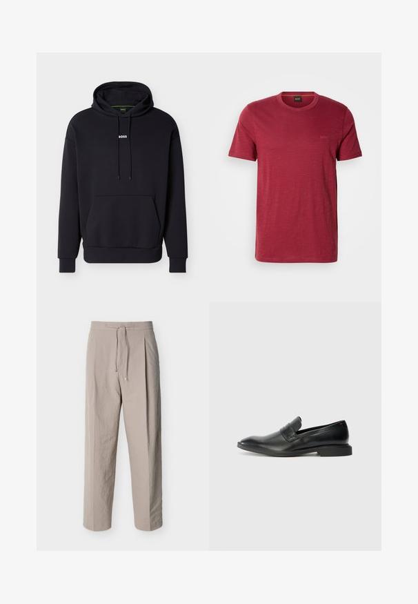 Sort hættetrøje med hætte, forlomme og hvid "BOSS"-logo på brystet. Fremstillet af blødt stof med ribbede manchetter.; Rød T-shirt med korte ærmer lavet af blødt, tekstureret stof. Har rund halsudskæring og diskret branding i en matchende farve.; Beige teksturerede bukser med snøre, lige ben og elastik i taljen, vist på hvid baggrund.; Sorte læder loafers med en glat tekstur, spids tå og lav rektangulær hæl. Har vandret remdetalje på overdelen.
