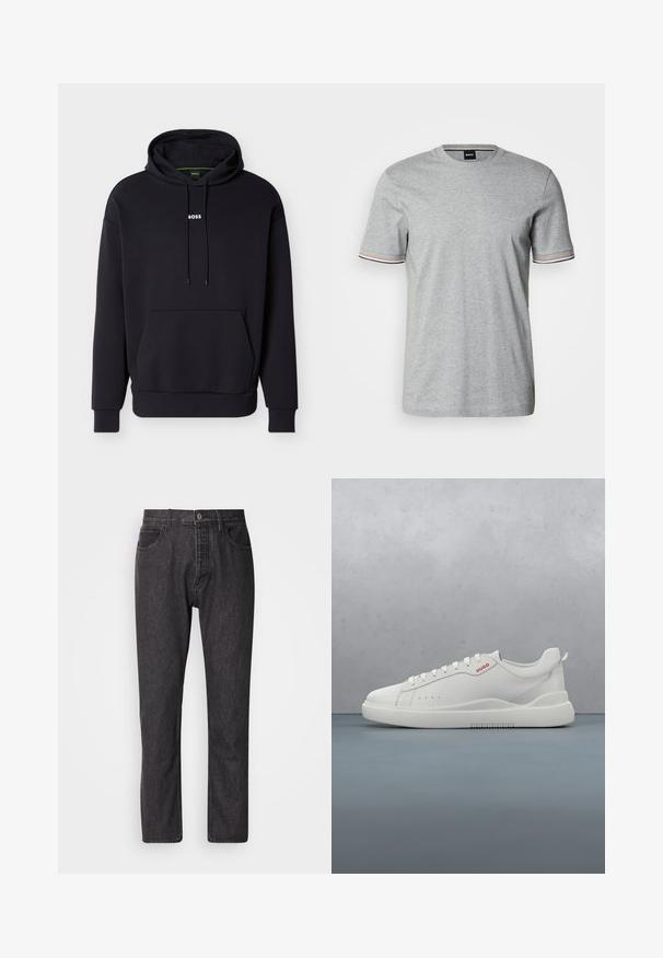 Zwarte sweatshirt met capuchon, voorzien van een frontzak en een wit "BOSS"-logo op de borst. Gemaakt van zachte stof met geribbelde manchetten.; Lichtgrijs katoenen T-shirt met korte mouwen. Heeft een ronde hals en contrasterende biezen in oranje en marineblauw op de mouwen.; Zwarte denim jeans met een recht model, vijf zakken en een standaard taille. Heeft contrasterende stiksels en een metalen knoopsluiting.; Witte sneaker met een gladde leren afwerking, ronde neus, vier veterogen, subtiele perforaties en een rood logo detail aan de zijkant.