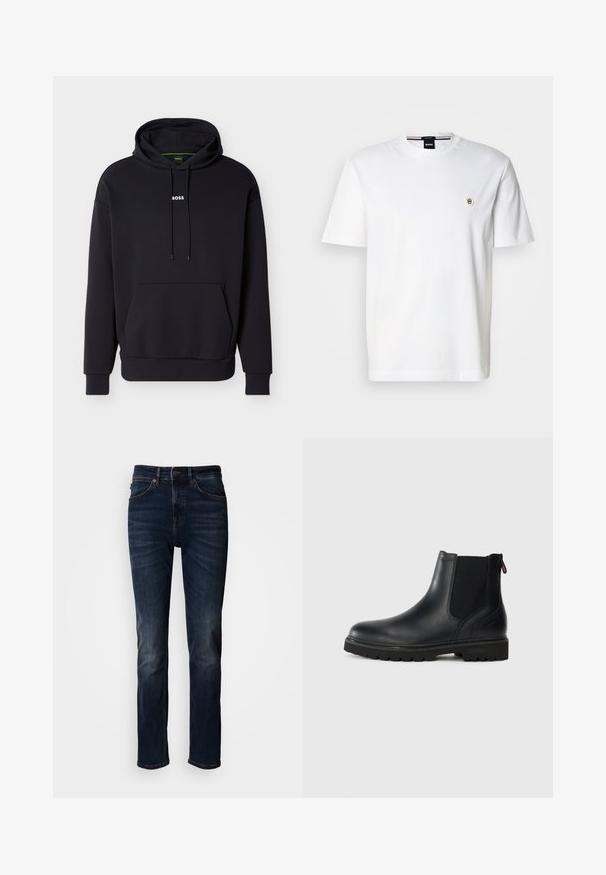 Schwarzer Kapuzenpullover mit einer Fronttasche und weißem "BOSS"-Logo auf der Brust. Hergestellt aus weichem Stoff mit gerippten Bündchen.; Weißes Baumwoll-T-Shirt mit rundem Ausschnitt, kurzen Ärmeln und kleinem Logo auf der linken Brust. Glatte Textur, klassischer Schnitt.; Dunkelblaue Jeans aus Denim mit geradem Schnitt, ausgestattet mit einem traditionellen Fünf-Taschen-Design, sichtbaren Nähten und einem Knopfverschluss an der Taille.; Schwarze Leder-Stiefelette mit elastischen Seiteneinsätzen, runder Spitze und einer robusten Gummisohle mit tiefem Profil für optimalen Halt.
