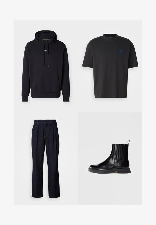 Sort hættetrøje med hætte, forlomme og hvid "BOSS"-logo på brystet. Fremstillet af blødt stof med ribbede manchetter.; Sort t-shirt med rund hals i bomuld, med korte ærmer og en tone-i-tone broderet logo på venstre bryst. Glat tekstur, afslappet pasform.; Mørkeblå vidde denim jeans med frontfældninger og orange syninger, vist på hvid baggrund.; Sorte læder ankelstøvler med elastiske sidepaneler, rund tå, lav blokhæl og pull-tab. Har en glat overflade og et elegant design.
