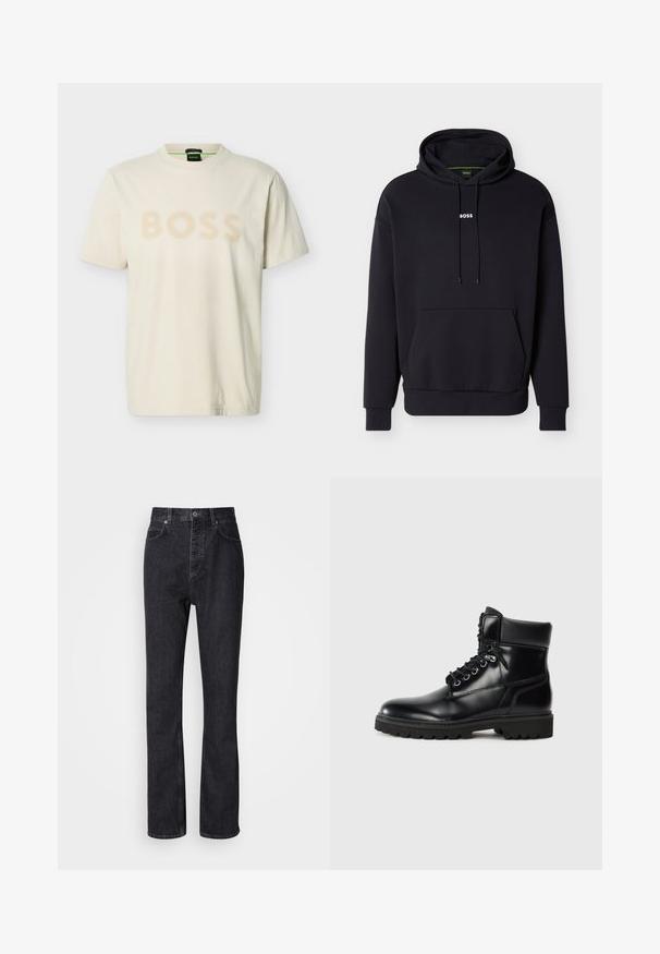 Sweat-shirt noir à capuche, avec une poche avant et un logo blanc "BOSS" sur la poitrine. Fabriqué en tissu doux avec des poignets côtelés.; T-shirt en coton à manches courtes de couleur crème avec le logo texte "BOSS" en beige clair sur la poitrine et un col rond.; Jean en denim noir taille haute avec fermeture à bouton et à glissière, poches avant et arrière, et coupe droite.; Bottine en cuir noir avec une finition brillante, design à lacets, col rembourré et semelle en caoutchouc robuste avec des grips de traction.