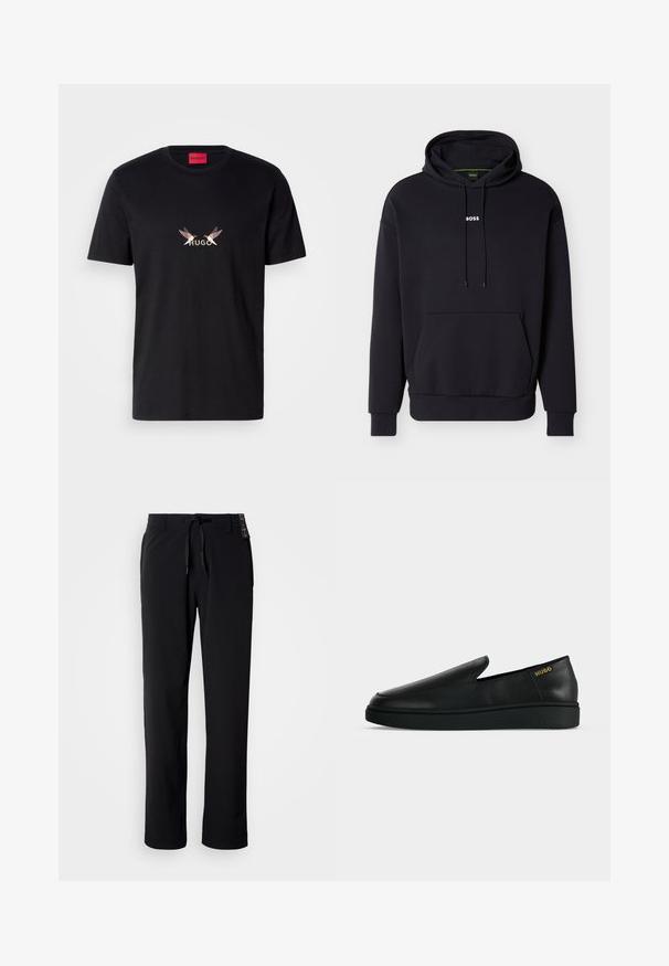 Zwarte sweatshirt met capuchon, voorzien van een frontzak en een wit "BOSS"-logo op de borst. Gemaakt van zachte stof met geribbelde manchetten.; Zwarte katoenen t-shirt met een grafische afbeelding aan de voorkant met het woord "HUGO" en twee gestileerde vogelontwerpen in lichte en donkere kleuren.; Zwarte, lichtgewicht broek met een rechte pijp. Voorzien van een tailleband met trekkoord en een gladde textuur. Geschikt voor casual draagstijl.; Enkele zwarte leren instapschoen met dikke zool en goudkleurige "HUGO"-branding nabij de hiel op een effen lichtgrijze achtergrond.