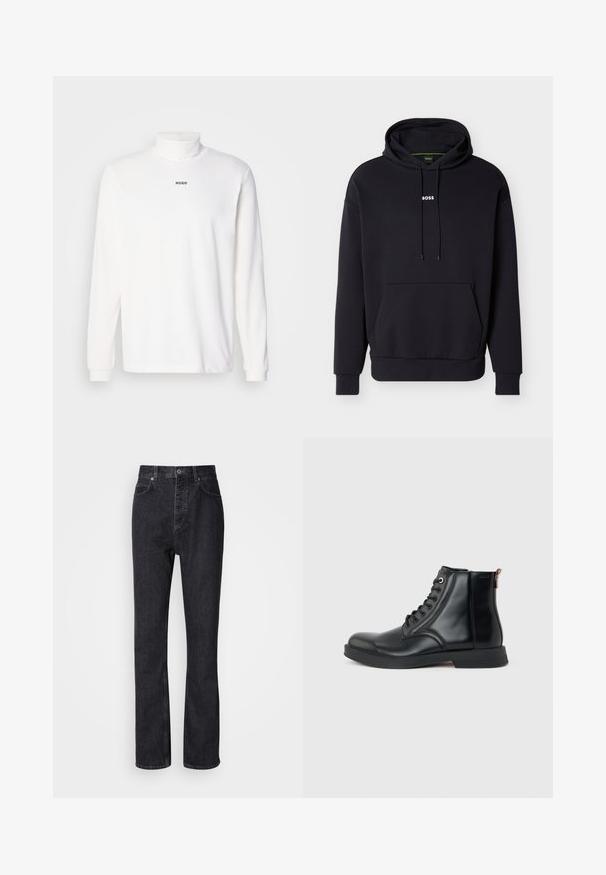 Sort hættetrøje med hætte, forlomme og hvid "BOSS"-logo på brystet. Fremstillet af blødt stof med ribbede manchetter.; Hvid langærmet turtleneck trøje lavet af blødt stof, med et diskret sort "HUGO" logo på forsiden og tætsiddende manchetter.; Høj talje sorte denim jeans med knap- og lynlåsåbning, for- og baglommer samt lige ben.; Sort læderankelstøvle med snørelukning foran, rundet tå, flad sål og træksløjfe bagpå på en ensartet lys grå baggrund.