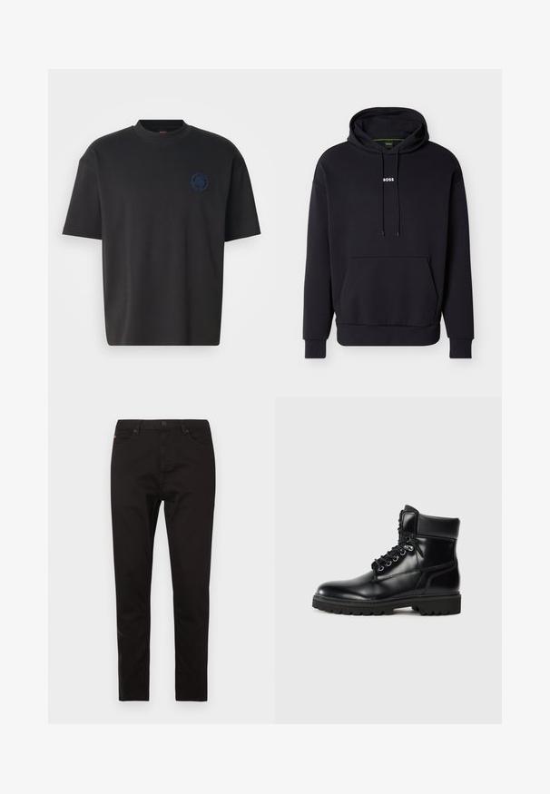 Sweat-shirt noir à capuche, avec une poche avant et un logo blanc "BOSS" sur la poitrine. Fabriqué en tissu doux avec des poignets côtelés.; T-shirt noir à col rond en coton, avec manches courtes et logo brodé ton sur ton sur la poitrine gauche. Texture lisse, coupe décontractée.; Pantalon noir en tissu mélange de coton. Coupe slim avec design à cinq poches, doté d'une fermeture à bouton et zip sur le devant.; Bottine en cuir noir avec une finition brillante, design à lacets, col rembourré et semelle en caoutchouc robuste avec des grips de traction.