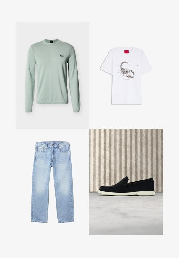 Suéter de manga larga color verde claro con cuello redondo y puños acanalados, con el logo "BOSS" en el pecho izquierdo sobre un fondo blanco.; Camiseta blanca con un gráfico detallado de escorpión en negro centrado, texto "HUGO" espaciado arriba del escorpión y etiqueta de marca roja en el cuello.; Vaqueros de mezclilla azul claro de pierna recta con bolsillos delanteros, trabillas para cinturón, cierre de botones y una pequeña etiqueta de Calvin Klein en el bolsillo delantero derecho.; Zapato negro sin cordones con puntera redondeada, que presenta una parte superior texturizada, suela blanca lisa y un discreto detalle de marca en el lateral.
