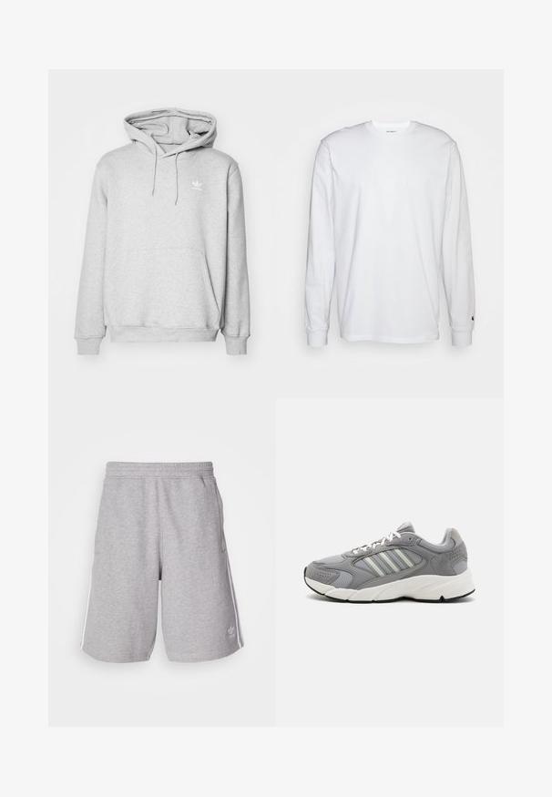 Grå hættetrøje med kengurulomme, justerbar snor i hætten og lille hvidt logo på brystet. Lavet af blødt, struktureret materiale.; Hvid langærmet T-shirt lavet af bomuld. Rund halsudskæring med ribbede manchetter og et lille logo på venstre ærme. Glat tekstur.; Grå sportshorts lavet af en blanding af bomuldsstof. Har sidelommer, elastisk talje og hvide sidestriber. Klassisk design.; Grå atletisk sko med mesh- og ruskindsmaterialer, med hvide snørebånd, en polstret krave og en chunky hvid mellemsål med strukturerede detaljer.
