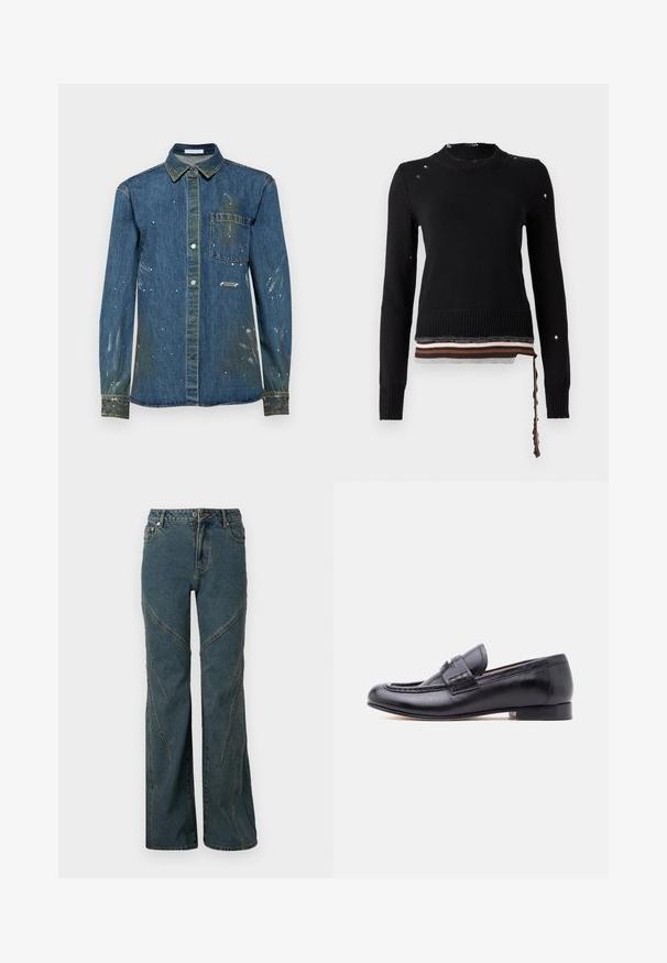 Pull en tricot noir à manches longues avec trous usés, poignets côtelés, encolure ronde, et ourlet superposé rayé avec un ruban suspendu sur le côté droit.; Chemise en denim pour homme, bleue avec des taches de détérioration et des éclaboussures de peinture blanche, design à boutons, manches longues, poche poitrine et col pointu.; Jean en denim bleu avec une coupe ample, présentant des détails de coutures courbées et un style classique à cinq poches. Ourlet non fini en bas.; Mocassin pour homme en cuir noir avec un petit talon et une bride décorative sur le cou-de-pied, présenté de profil sur un fond uni.