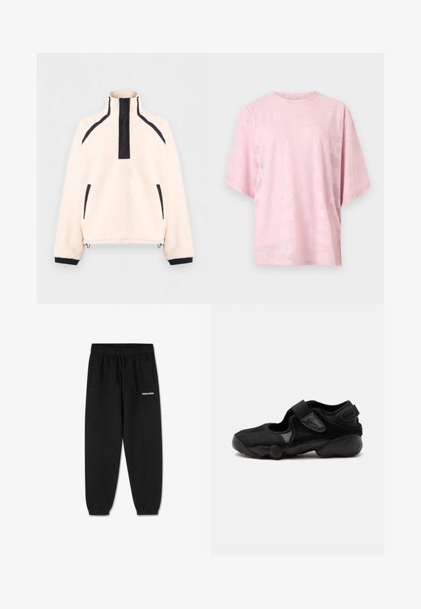 Cremefarvet fleecetrøje med sort kvartlynlås, sort kant på skuldre, lommer, manchetter og justerbare snore i kanten.; Lyserød t-shirt med korte ærmer og rund hals, diskret mønstret med præget tekst over det hele og et lille hævet logo midt på brystet.; Sorte joggebukser med elastisk talje og manchetter, sidelommer og hvid "PEGADOR" logo på det øverste højre ben.; Sort atletisk sko med rund tå, justerbare remme og tekstureret sål, vist fra siden på en ensfarvet baggrund.