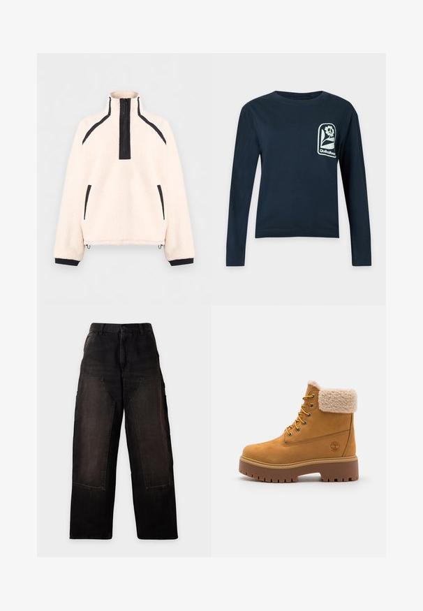 Roomkleurige fleece trui met zwarte kwart rits, zwarte bies op de schouders, zakken, manchetten en verstelbare trekkoordjes in de zoom.; Marineblauw shirt met lange mouwen, ronde hals en een wit bloemenlogo met tekst "Quiksilver" op de linkerborst.; Zwarte wijde broek met grote opgestikte voorzakken en riemlussen, getoond op een lichte, effen achtergrond.; Tan suède laars met een nepbont kraag, gouden oogjes en een contrasterende rubberen zool. Voorzien van een logo op de zijkant en een gestructureerde loopvlak.