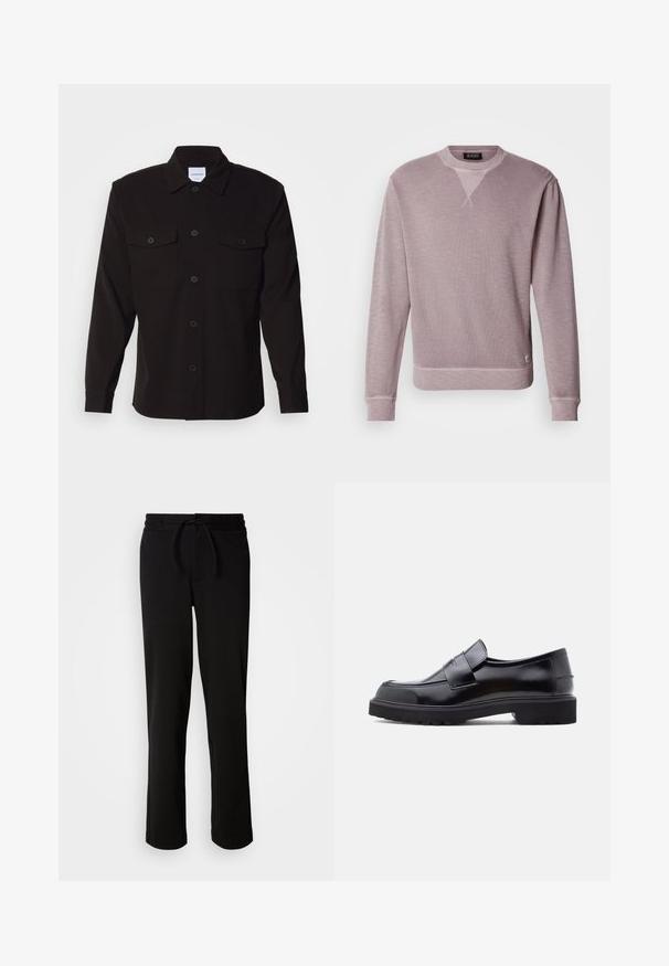 Scotch & Soda Sweatshirt - gull; Sort skjorte med lange ærmer, knaplukning foran, to brystlommer og en struktureret krave. Fremstillet af et ensartet stof med en glat tekstur.; Sorte sweatpants med snor i taljen, lavet af blødt og strækbart stof. Har en afslappet pasform med lige ben og uden synlige lommer.; Sorte læder slip-on sko med et slankt design, rund tå og en tyk, struktureret gummisål. Har en dekorativ rem på tværs foran.