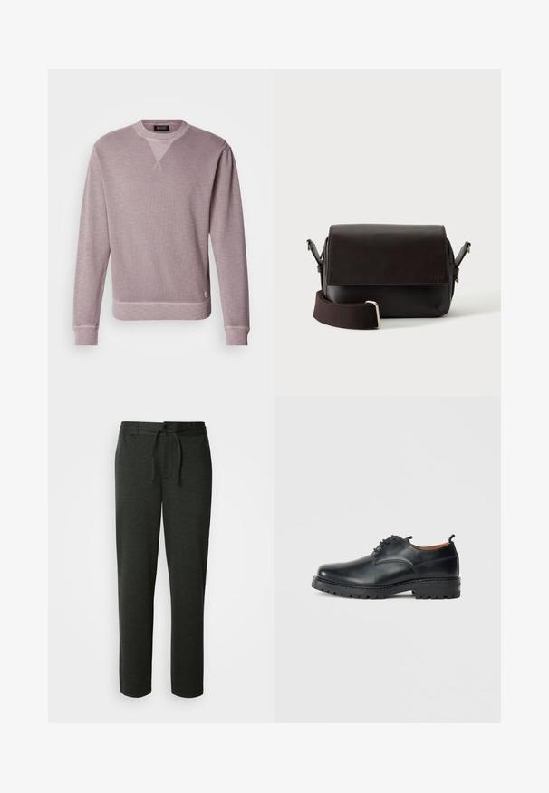 Scotch & Soda Sweatshirt - gull; Mørkegrå sweatpants lavet af en blød bomuldsblanding. Har elastisk talje med snor og sidelommer. Lige ben-design.; Sorte læder derby-sko med en glat overflade, rund tå, snøre-design og en tyk, robust gummisål.; Mørkebrun lædertaske med flaplukning og justerbar stofrem på hvid baggrund.
