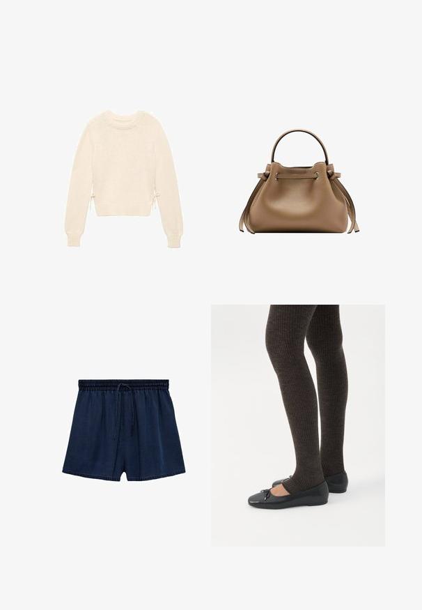 Pull en tricot couleur crème avec des manches longues, des poignets côtelés, un ourlet, un col, et de petits liens sur les côtés à la taille.; Shorts bleu marine en tissu léger, dotés d'une taille élastique avec cordon de serrage et d'une coupe décontractée. L'ourlet est légèrement effiloché.; Jambes portant des leggings côtelés foncés associés à des ballerines noires avec de petits détails en nœud sur fond blanc.; Sac à main en cuir marron avec une poignée unique en haut, des côtés à cordon et une surface lisse légèrement texturée sur fond blanc.