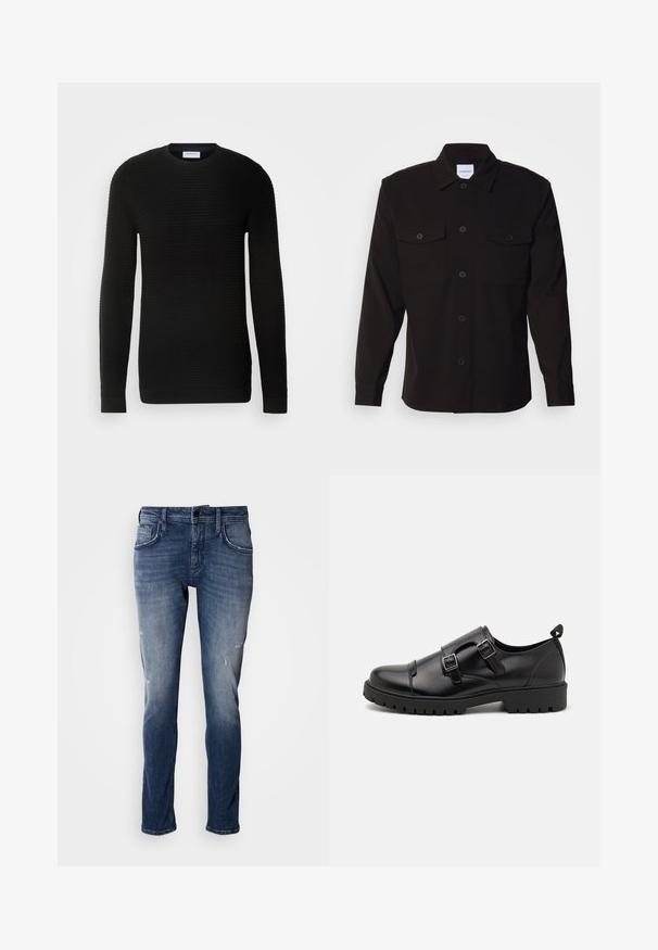 Sort langærmet sweater med ribbet tekstur, rund halsudskæring og tætsiddende manchetter. Fremstillet af et blødt, strækbart materiale.; Sort skjorte med lange ærmer, knaplukning foran, to brystlommer og en struktureret krave. Fremstillet af et ensartet stof med en glat tekstur.; Antony Morato KURT COMFORT - Jeans Tapered Fit - blue denim; Pier One Business loafers - black