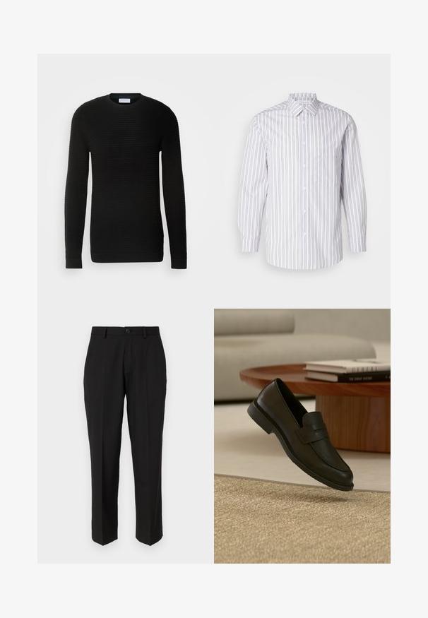 Sort langærmet sweater med ribbet tekstur, rund halsudskæring og tætsiddende manchetter. Fremstillet af et blødt, strækbart materiale.; Stribet skjorte med knapper, der har lodrette grå og hvide striber, lange ærmer, en krave og en brystlomme. Glat stoftekstur.; Sorte bukser lavet af glat stof, med lige ben design, forlommer, en enkelt knaplukning, og uden synlige mønstre.; Sort læderloafer vist i luften over en beige vævet tæppe, med et træbord og stablede bøger i et blødt oplyst stue.