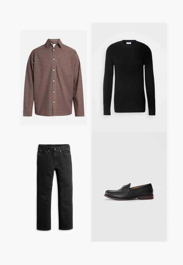 Sort langærmet sweater med ribbet tekstur, rund halsudskæring og tætsiddende manchetter. Fremstillet af et blødt, strækbart materiale.; Brunternetternet knap-up skjorte med lange ærmer, med en brystlomme og hvide knapper på et struktureret stof.; Sorte lige ben denim jeans med fem lommer, bæltestropper og en knaplukning i taljen, lagt fladt på en hvid baggrund.; Sorte læder loafers med rund tå, dekorativ hardware på forsiden og en kontrasterende brun sål. Glat tekstur og slip-on design.