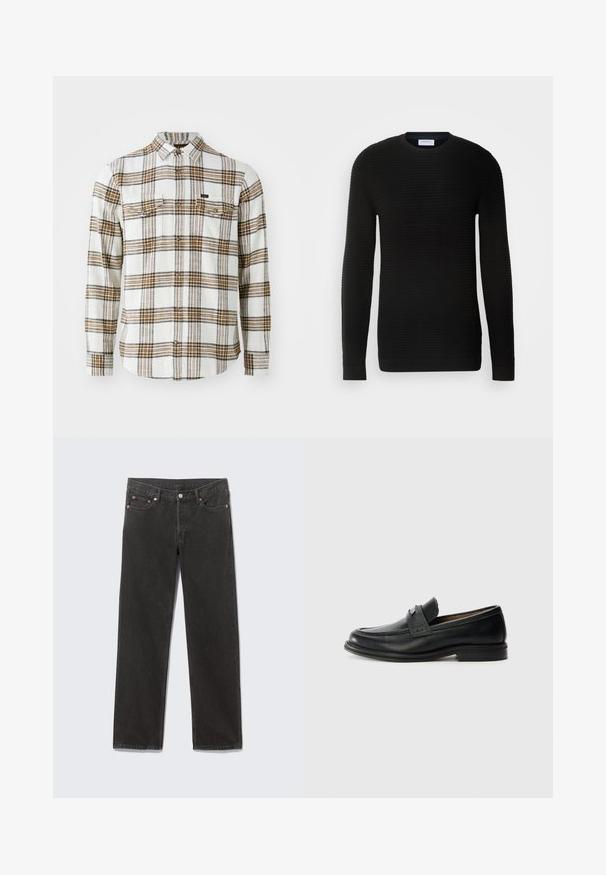 Suéter negro de manga larga con textura acanalada, escote redondo y puños ajustados. Hecho de un material suave y elástico.; Lee CLEAN WESTERN - Camisa - ecru ochre plaid; Vaqueros de mezclilla negros de pierna recta con bolsillos frontales, trabillas para cinturón y cierre de botón, colocados planos sobre un fondo gris.; Mocasines de cuero negro con un acabado suave, que presentan una banda superior texturizada, tacón bajo y detalles de costura mínimos.