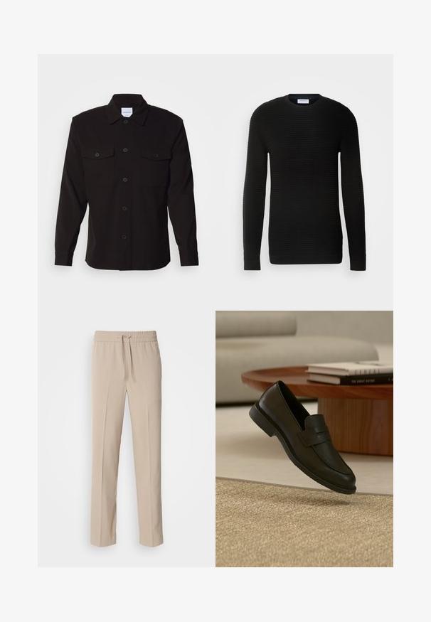 Sort langærmet sweater med ribbet tekstur, rund halsudskæring og tætsiddende manchetter. Fremstillet af et blødt, strækbart materiale.; Sort skjorte med lange ærmer, knaplukning foran, to brystlommer og en struktureret krave. Fremstillet af et ensartet stof med en glat tekstur.; Beige, afslappede bukser lavet af blødt materiale, med elastisk talje og snøre samt lige ben med minimale detaljer.; Sort læderloafer vist i luften over en beige vævet tæppe, med et træbord og stablede bøger i et blødt oplyst stue.