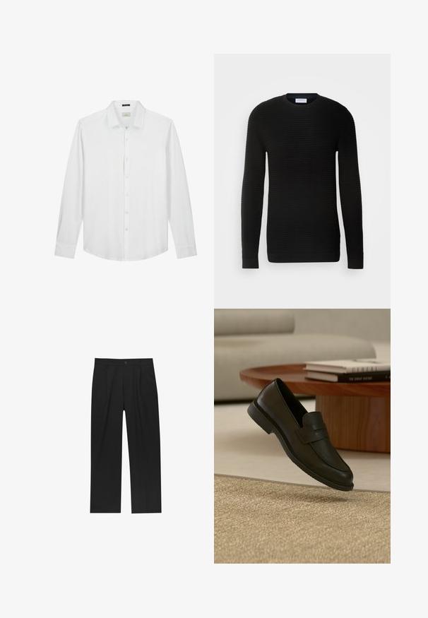 Sort langærmet sweater med ribbet tekstur, rund halsudskæring og tætsiddende manchetter. Fremstillet af et blødt, strækbart materiale.; Hvid langærmet skjorte, knapned krave, blød tekstur, glat stof, diskret logo på brystet og klassisk pasform med buet kant.; Sorte bukser med lige ben, lavet af et glat stof. Har frontfolder og en enkelt knaplukning i taljen.; Sort læderloafer vist i luften over en beige vævet tæppe, med et træbord og stablede bøger i et blødt oplyst stue.