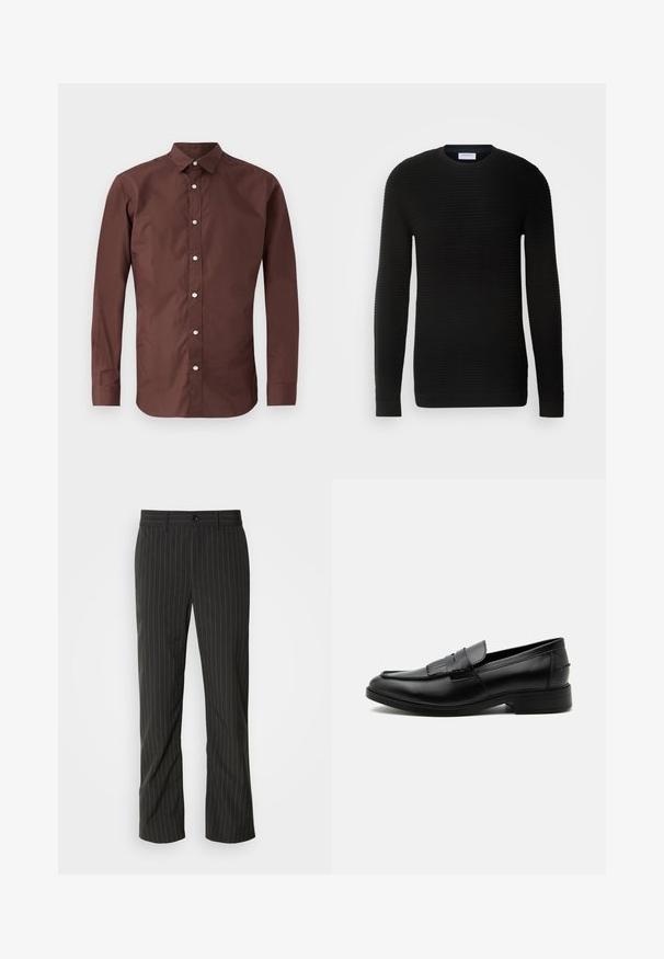Sort langærmet sweater med ribbet tekstur, rund halsudskæring og tætsiddende manchetter. Fremstillet af et blødt, strækbart materiale.; Brun langærmet skjorte lavet af glat bomuld. Har en knap-ned krave og frontknapper med en slim, skræddersyet pasform.; Sorte skræddersyede bukser med lige snit. Har en glat tekstur, frontlukning med knap og bæltestropper.; Sort læder herre loafers med kvast detalje, rundet tå, lav hæl og glat poleret finish, vist fra siden på hvid baggrund.