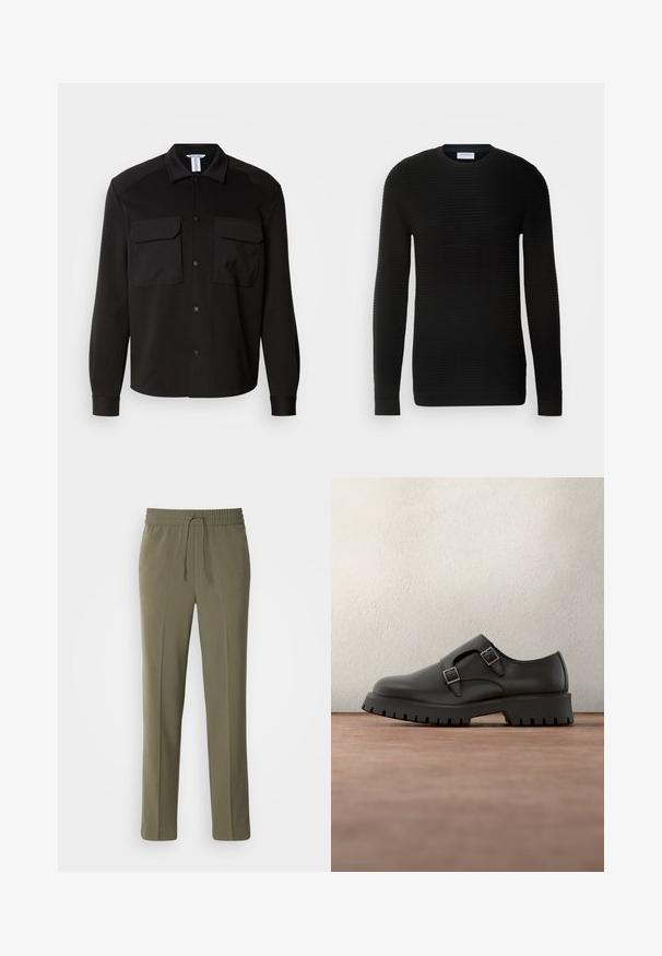 Sort langærmet sweater med ribbet tekstur, rund halsudskæring og tætsiddende manchetter. Fremstillet af et blødt, strækbart materiale.; Sort skjortejakke lavet af et glat, let stof. Har to brystlommer, knaplukninger og spidse kraver. Lange ærmer med manchetter.; Olivengrønne, letvægtsbukser med elastisk talje og justerbar snor; lige ben design og glat tekstur.; Sort lædersko med dobbelte spænderemme, rundet tå og tekstureret, tyk gummisål. Minimalistisk design med kontrasterende blåt indre.