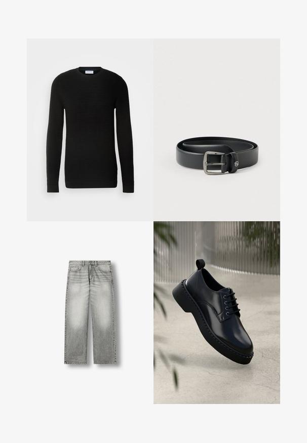 Pull noir à manches longues avec une texture côtelée, col rond et poignets ajustés. Fabriqué dans un matériau doux et extensible.; Jean en denim gris délavé droit avec poches avant, passants de ceinture et fermeture par bouton sur fond blanc.; Chaussure en cuir noir avec un bout arrondi, un laçage et une semelle en caoutchouc épaisse dotée d'un bord texturé. Finition élégante et matériel minimal.; Ceinture en cuir noir avec une boucle en métal argenté brillante, texture lisse et bords cousus. Dispose d'une boucle pour fixer l'extrémité de la ceinture.