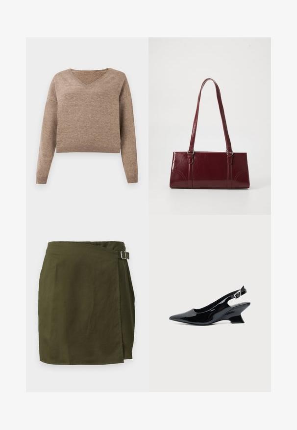 Pull en maille beige clair avec décolleté en V, manches longues et ourlet côtelé. Texture douce avec un design légèrement court et sans motifs visibles.; Jupe portefeuille en vert olive dans un tissu léger, avec une fermeture à boucle sur le côté et un ourlet légèrement asymétrique. Texture lisse.; Chaussure slingback en cuir verni noir avec bout pointu et petit talon bloc incliné sur fond clair uni.; Sac à main bordeaux en matériau brillant, de forme rectangulaire, avec deux anses et des accents légèrement courbés à l'avant.