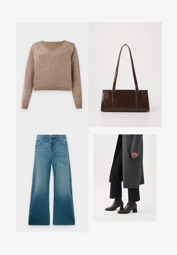 Pull en maille beige clair avec décolleté en V, manches longues et ourlet côtelé. Texture douce avec un design légèrement court et sans motifs visibles.; Jeans en denim bleu taille haute avec jambes larges, poches avant, fermeture à bouton et dégradé de couleur usé allant de la taille à l'ourlet.; Bottines à talons hauts en cuir marron foncé avec un bout pointu et un talon carré, associées à un pantalon noir et un manteau gris.; Sac à main en cuir verni marron de forme rectangulaire, avec deux longues poignées et des accents courbés subtils à l'avant.