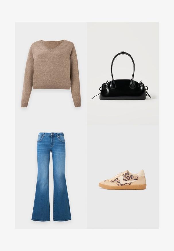 Pull en maille beige clair avec décolleté en V, manches longues et ourlet côtelé. Texture douce avec un design légèrement court et sans motifs visibles.; Jean en denim bleu évasé avec une taille mi-haute, cinq poches et des détails décolorés sur les cuisses. Accents en métal argenté sur les boutons.; Baskets en imprimé léopard avec tige en suède beige, semelle en caoutchouc tan et accents blancs. Bout rond et design à lacets avec une finition texturée.; Petit sac à main noir brillant avec deux longues anses et des détails à cordon sur les côtés sur un fond clair uni.
