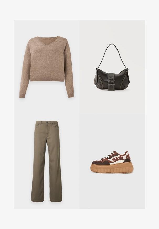 Pull en maille beige clair avec décolleté en V, manches longues et ourlet côtelé. Texture douce avec un design légèrement court et sans motifs visibles.; Pantalon à jambes larges en coton vert olive, doté d'une fermeture à boutons, de passants pour ceinture, et d'un design à cinq poches avec une texture lisse et durable.; Baskets plateforme avec un motif camouflage marron et crème, semelles beiges contrastantes et lacets blancs. La tige présente des matériaux et textures variés.; Sac à épaule en cuir noir avec une sangle à boucle, des bords arrondis et des coutures blanches contrastées sur un fond uni.