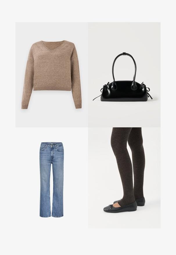 Pull en maille beige clair avec décolleté en V, manches longues et ourlet côtelé. Texture douce avec un design légèrement court et sans motifs visibles.; Jean en denim bleu taille haute avec jambes droites, fermeture à bouton et zip à l'avant, et design à cinq poches.; Jambes portant des leggings côtelés foncés associés à des ballerines noires avec de petits détails en nœud sur fond blanc.; Petit sac à main noir brillant avec deux longues anses et des détails à cordon sur les côtés sur un fond clair uni.
