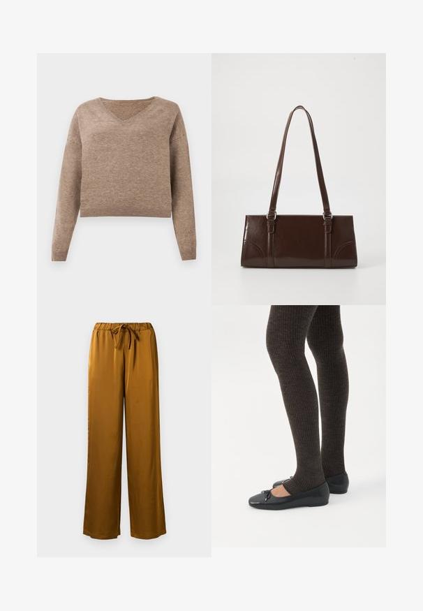 Pull en maille beige clair avec décolleté en V, manches longues et ourlet côtelé. Texture douce avec un design légèrement court et sans motifs visibles.; Pantalons larges en satin marron avec une taille élastique et un cordon de serrage. Texture lisse et design pleine longueur avec une coupe décontractée.; Jambes portant des leggings côtelés foncés associés à des ballerines noires avec de petits détails en nœud sur fond blanc.; Sac à main en cuir verni marron de forme rectangulaire, avec deux longues poignées et des accents courbés subtils à l'avant.