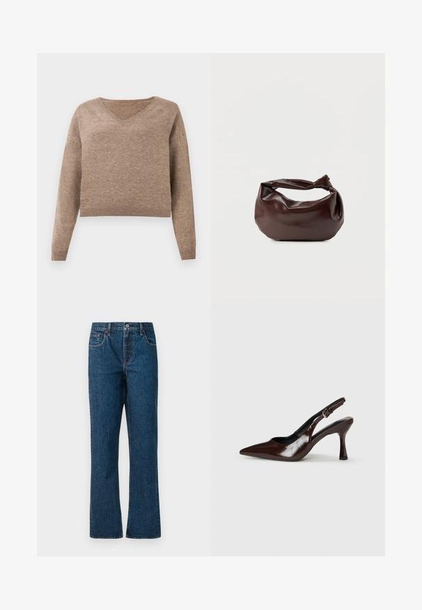 Pull en maille beige clair avec décolleté en V, manches longues et ourlet côtelé. Texture douce avec un design légèrement court et sans motifs visibles.; Jean en denim bleu foncé avec une coupe droite, comportant cinq poches, une taille mi-haute et des détails de couture contrastants.; Talons slingback en cuir verni brun avec un bout pointu, un talon fin, et une sangle réglable avec une petite boucle.; Sac bandoulière en cuir marron foncé avec une forme souple et décontractée et une anse nouée torsadée sur un fond blanc uni.