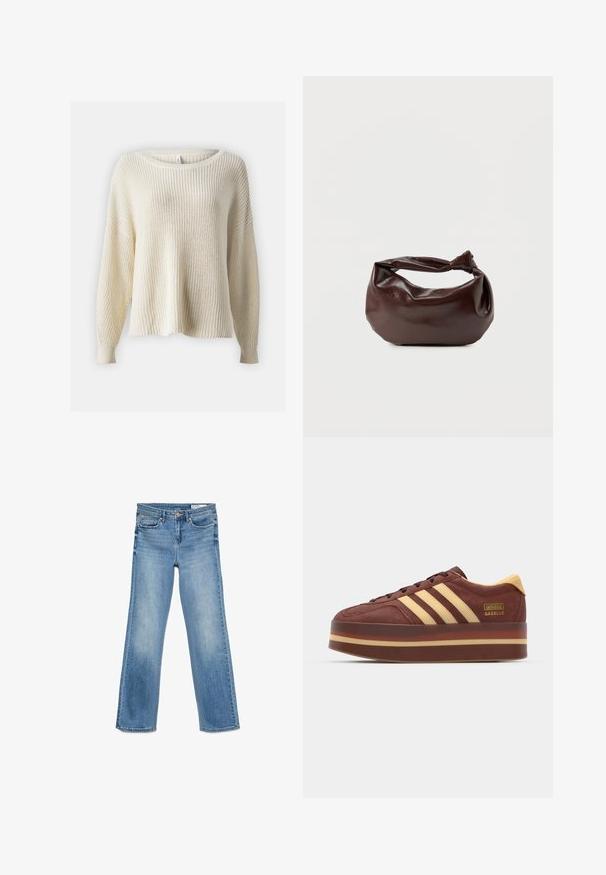 ONLY ONLHILDE LIFE - Svetrík - birch; Svetlomodré denimové džínsy s klasickým dizajnom piatich vreciek, so zapínaním na gombík a zips, a strihom s rovnými nohavicami.; Hnedé semišové tenisky so žltými akcentmi, obsahujúce tri bočné pruhy, hrubú platformovú podrážku a detail s logom v zlatej farbe.; Tmavohnedá kožená kabelka cez rameno s mäkkým, voľným tvarom a držadlom v podobe skrúteného uzla na jednoduchom bielom pozadí.